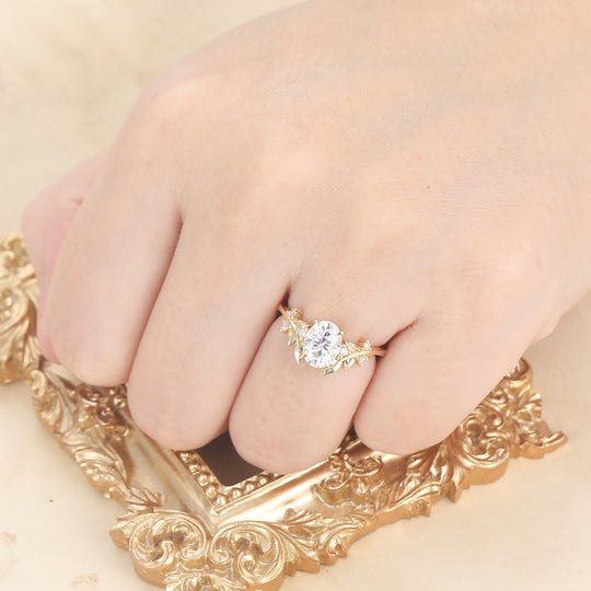 1.50CT Oval Cut Moissanite Natrue Inspired Moissanite Leaf Design Ring