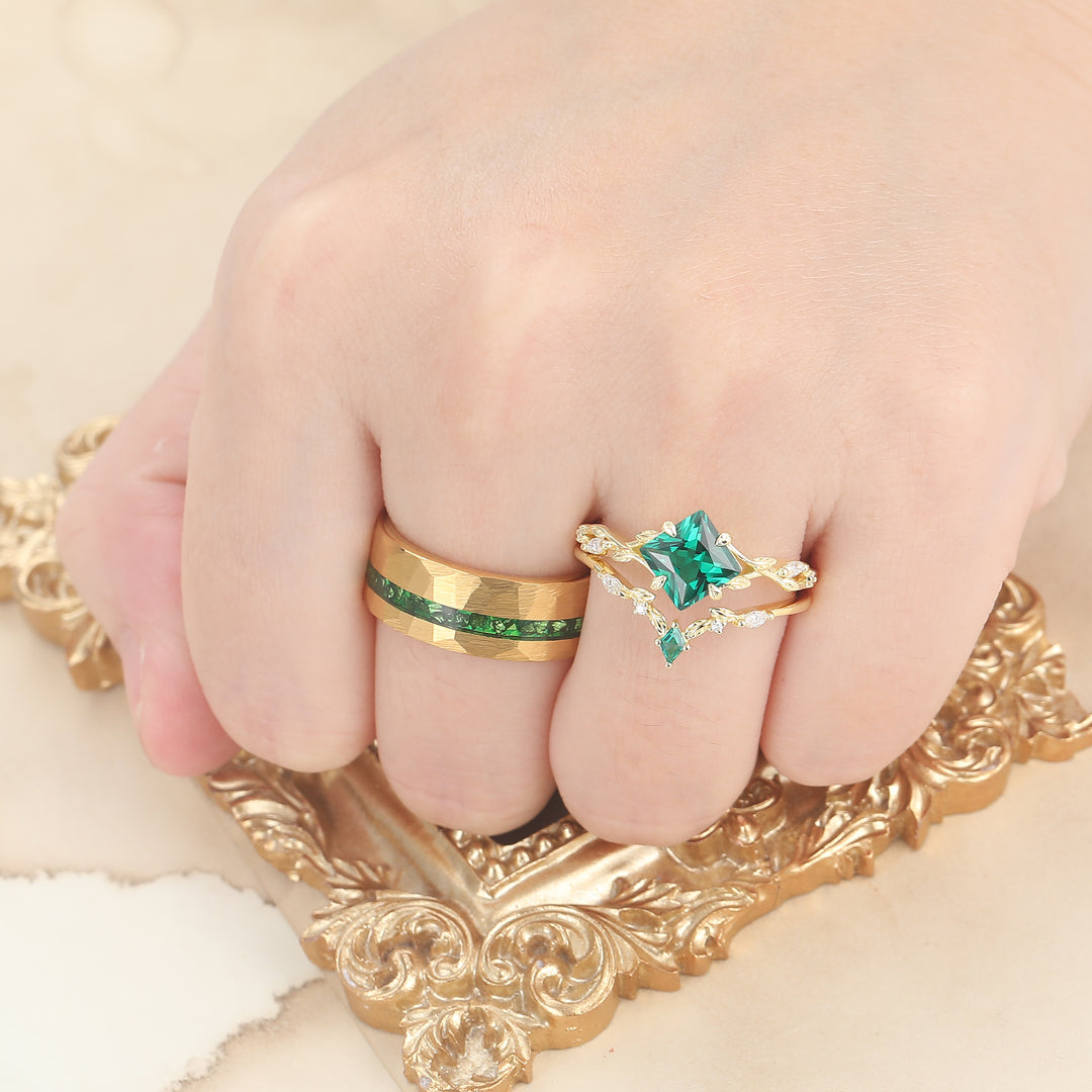 Antiguo anillo de compromiso con esmeralda corte princesa, delgadas hojas, anillos de boda para él y para ella, juego de anillos para parejas