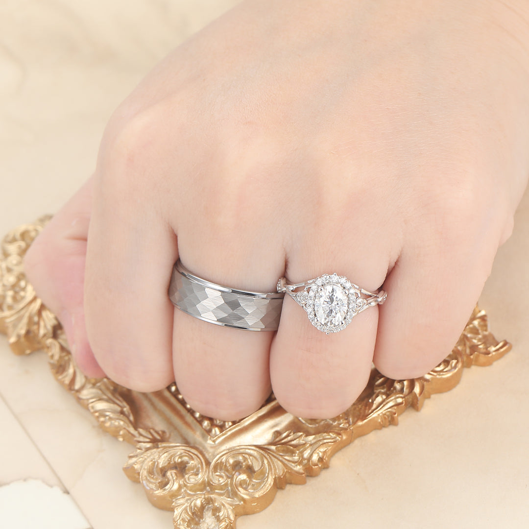 Blatt‑Blumen‑Design, oval geformte Moissanite-Partner-Ringe S925 und gehämmertes Wolfram-Ring-Set