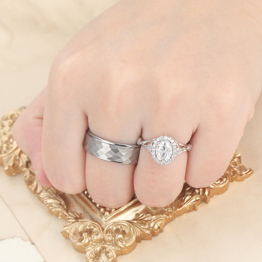 Blatt‑Blumen‑Design, oval geformte Moissanite-Partner-Ringe S925 und gehämmertes Wolfram-Ring-Set