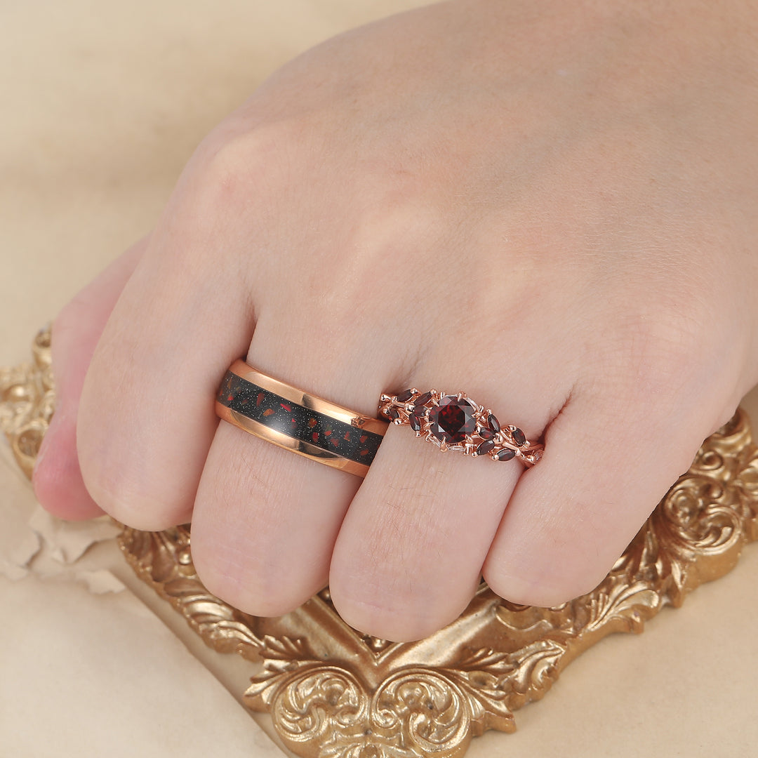 Anillo de pareja con racimo de hojas de granate rojo natural personalizado, juego de anillos de matrimonio a juego