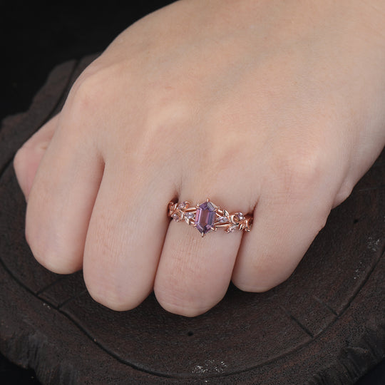 Elongated Hexagon Cut Amethyst Bridal Ring Leaf Filigreed Style Anniversary Wedding Ring