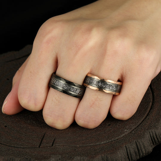 Tungsten Wedding Band With White Meteorite 8mm His And Hers Couples Ring Set