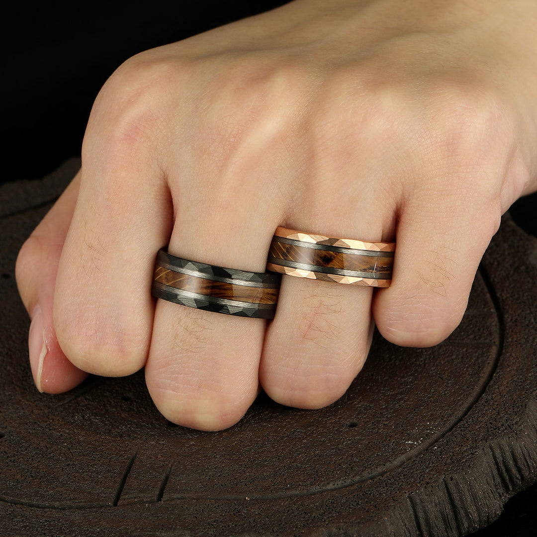 Unique Hammered Wide Wood Tungsten Wedding Bands Promise Couple Rings Set