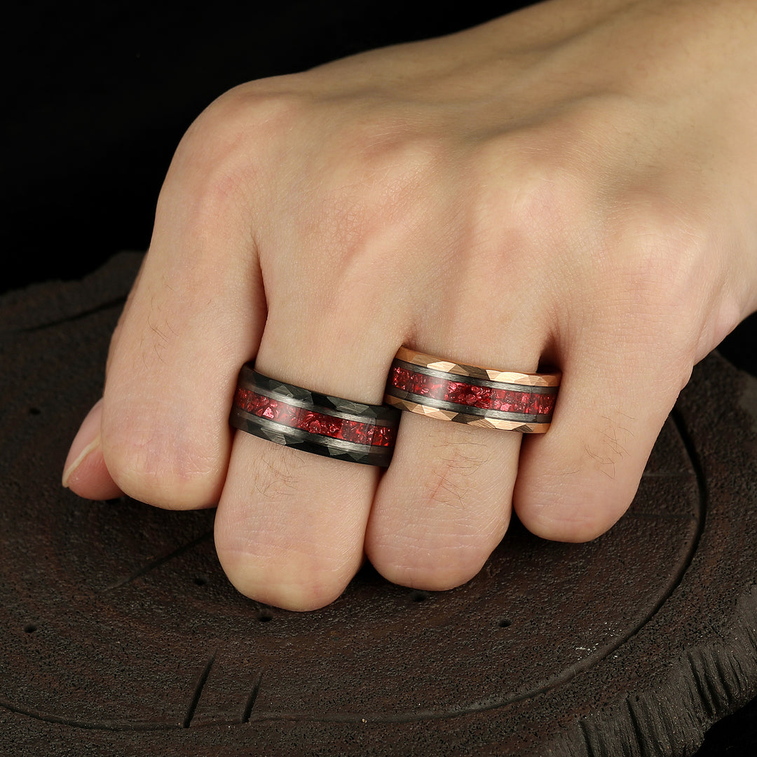 Personalized Red Ruby Tungsten Couple Rings Unisex 8mm Hammered Wedding Rings