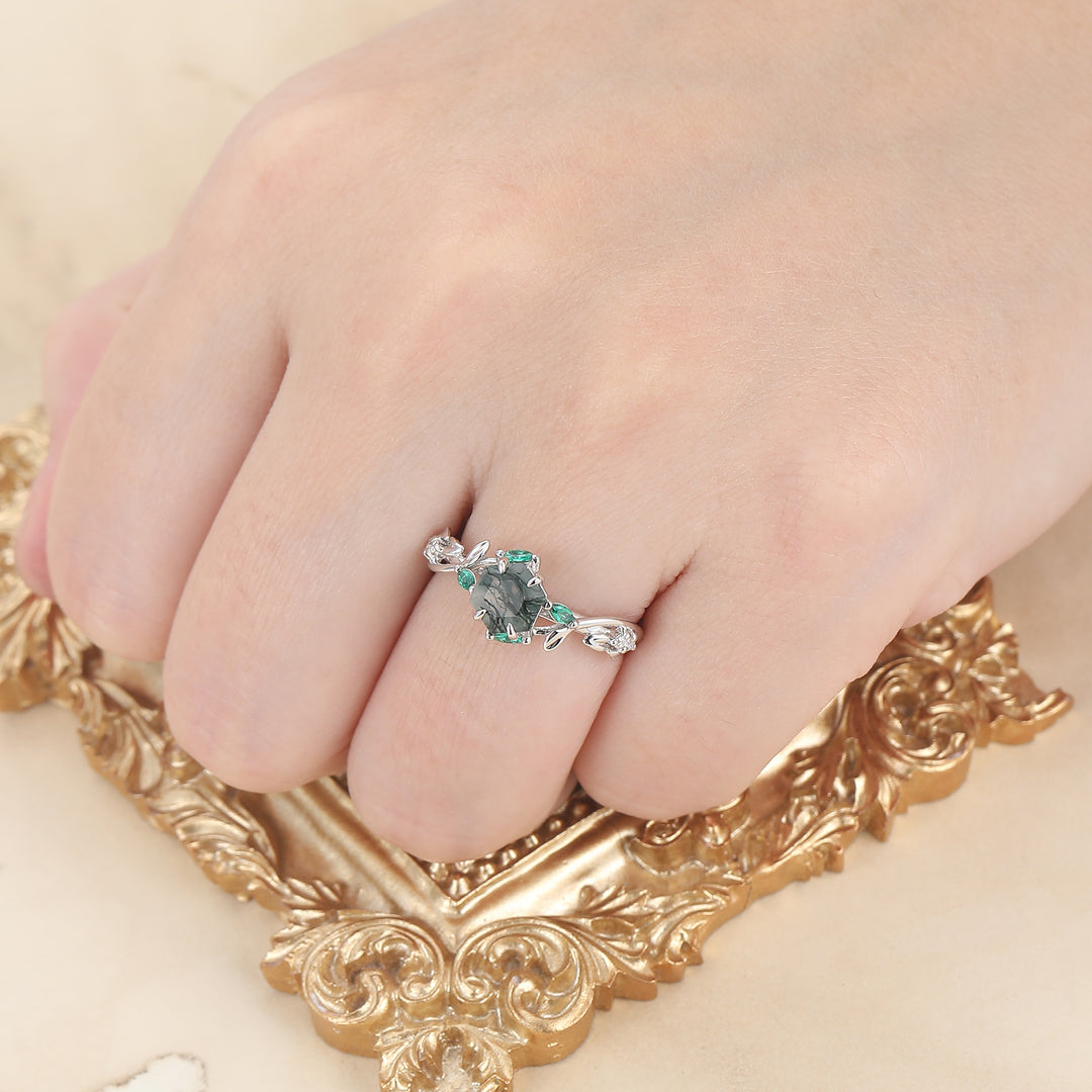 Dainty Leaf Style Hexagon Moss Agate Bridal Ring 14K Gold Handmade Women Ring