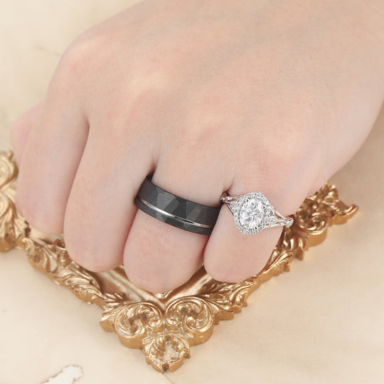 Unique Moissanite Feuille Florale Bagues de Couple Art Déco Argent et Tungstène Ensemble de Bagues de Mariage