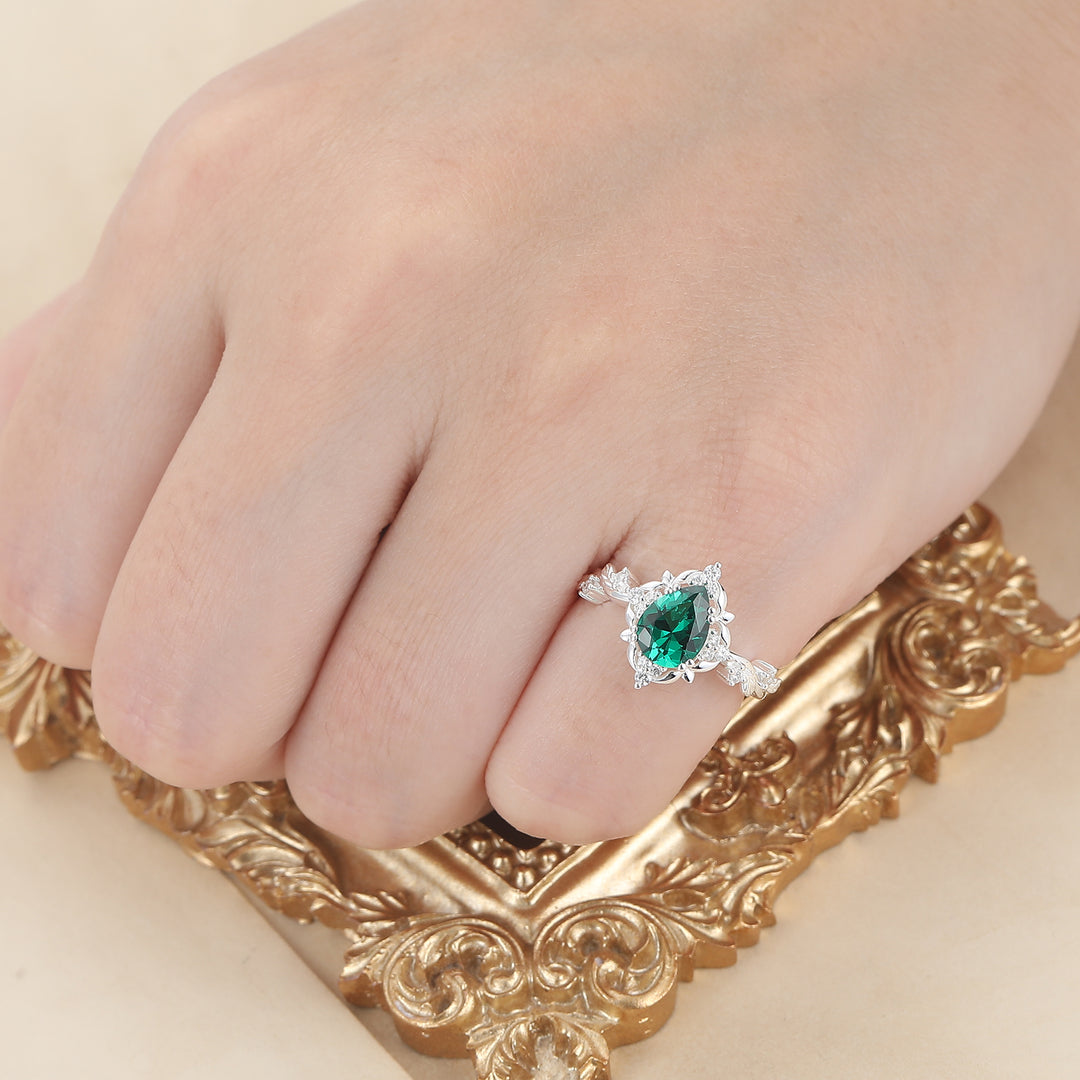 Floral Halo Pear Cut Emerald Engagement Ring For Her Fairycore Elegant Emerald Women Anniversary Ring