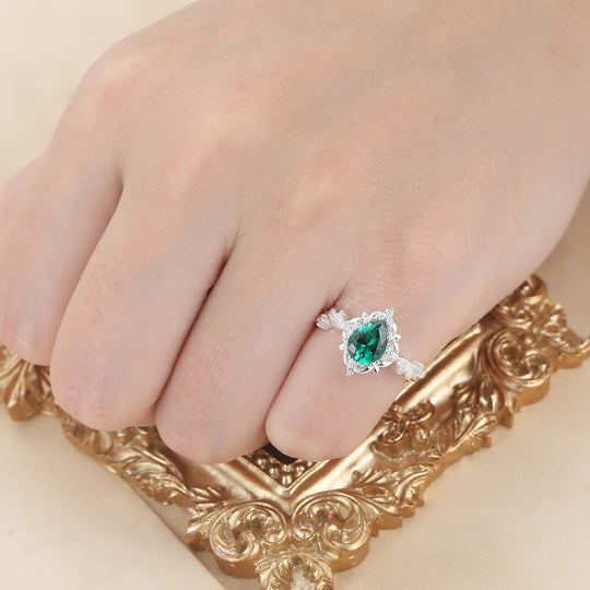 Floral Halo Pear Cut Emerald Engagement Ring For Her Fairycore Elegant Emerald Women Anniversary Ring