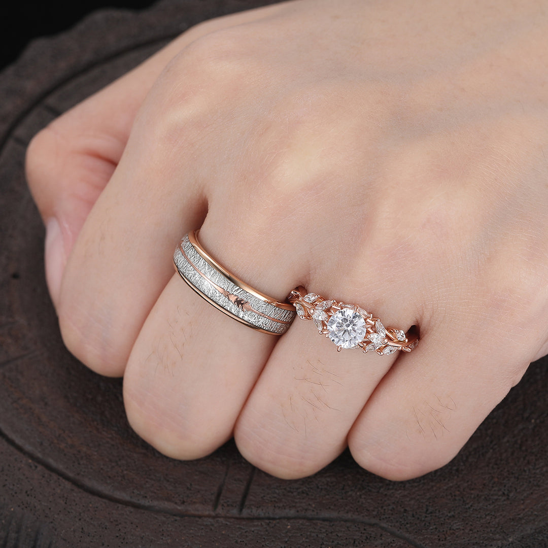 Blad-geïnspireerde moissaniet paarringen, roségoud vergulde takringen voor geliefden, zijn- en haar ringen