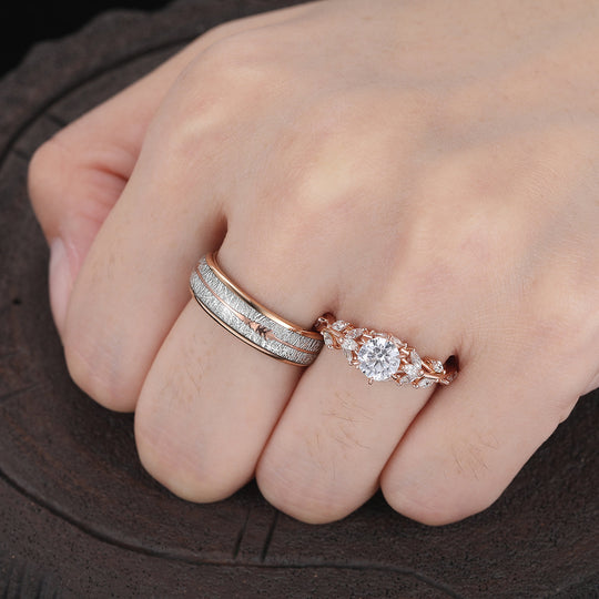 Blad-geïnspireerde moissaniet paarringen, roségoud vergulde takringen voor geliefden, zijn- en haar ringen