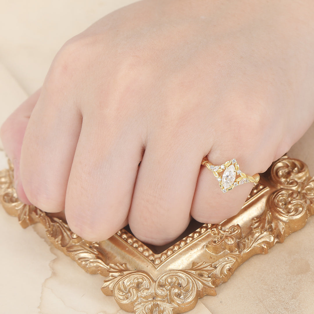 Brilliant Leaf Design Marquise Moissanite Engagement Ring Nature Inspired Bridal Ring