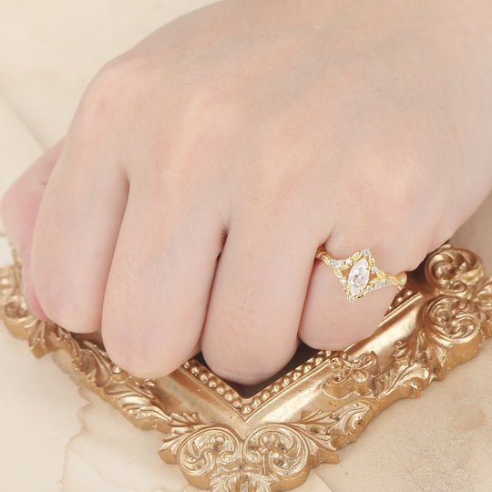 Brilliant Leaf Design Marquise Moissanite Engagement Ring Nature Inspired Bridal Ring