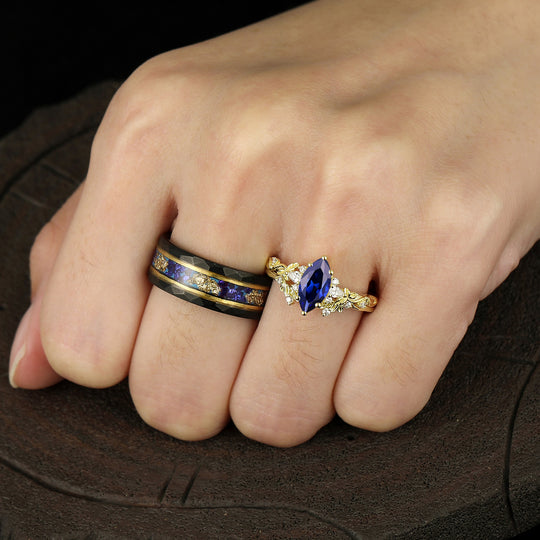 Unique Branch Sapphire Engagement Couple Rings Set Promise Blue Tungsten Marriage Ring Set