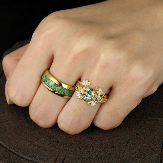 Floral Cluster Moss Agate Leaf Engagement Couple Rings Set Green Yellow Promise His And Hers Wedding Bands