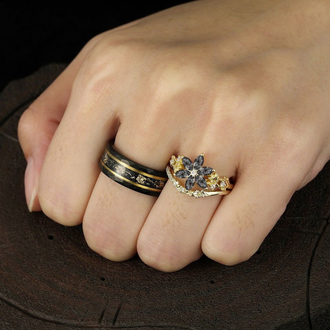 Dainty Floral Shaped Black Rutilated Quartz Engagement Rings For Couples His And Hers Wedding Rings