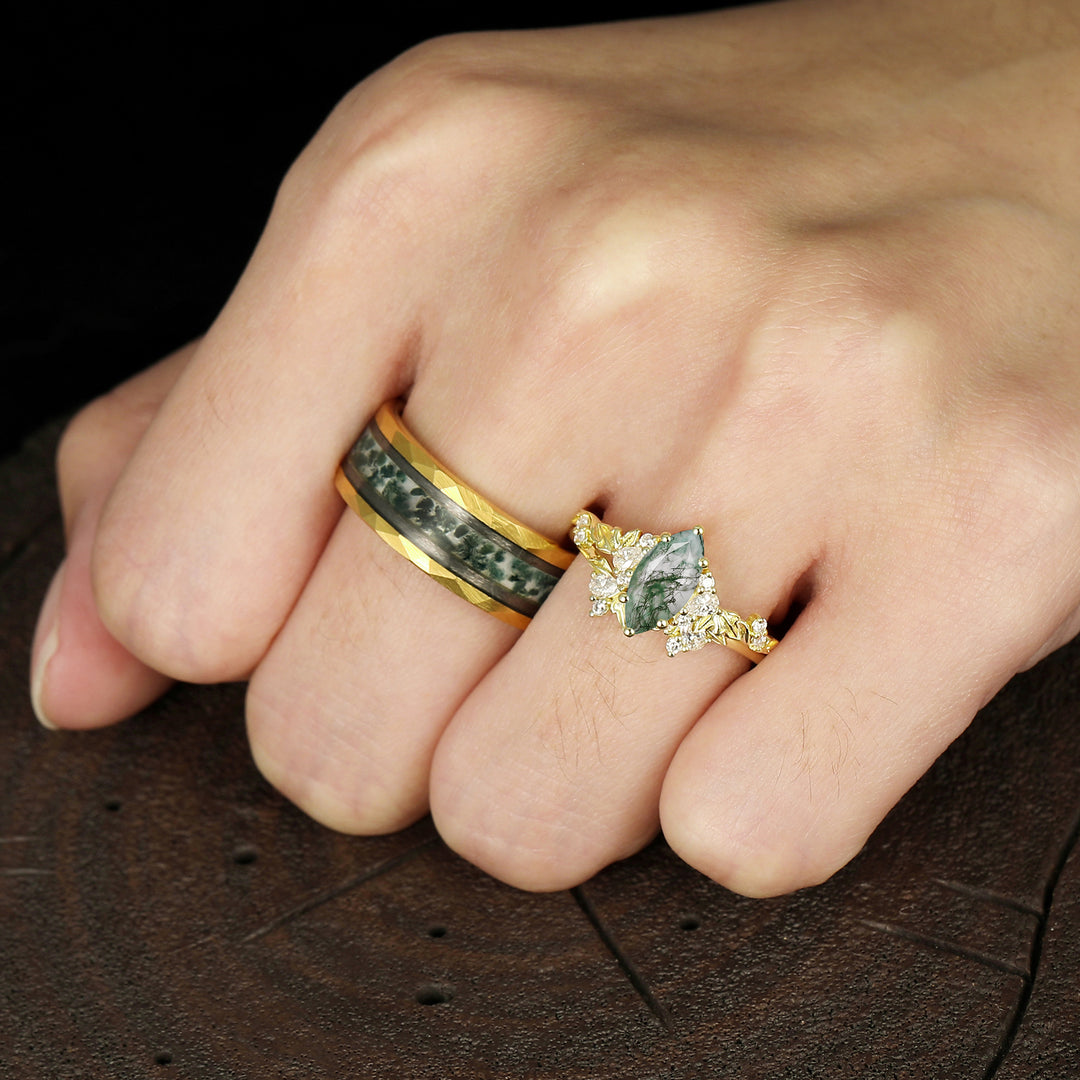 Elegant Moss Agate Blade Engagement Couple Rings Set Yellow Green Promise His And Hers Marriage Rings