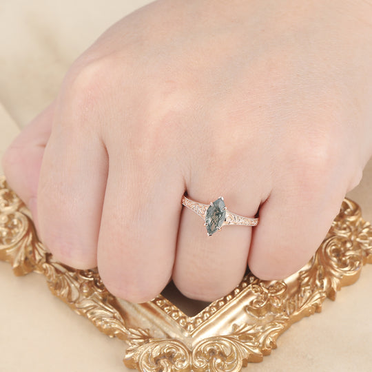 14K Vintage Marquise Solitaire Yellow Gold Natural Moss Agate Engagement Ring Filigree Wedding Ring -  Esdomera.com