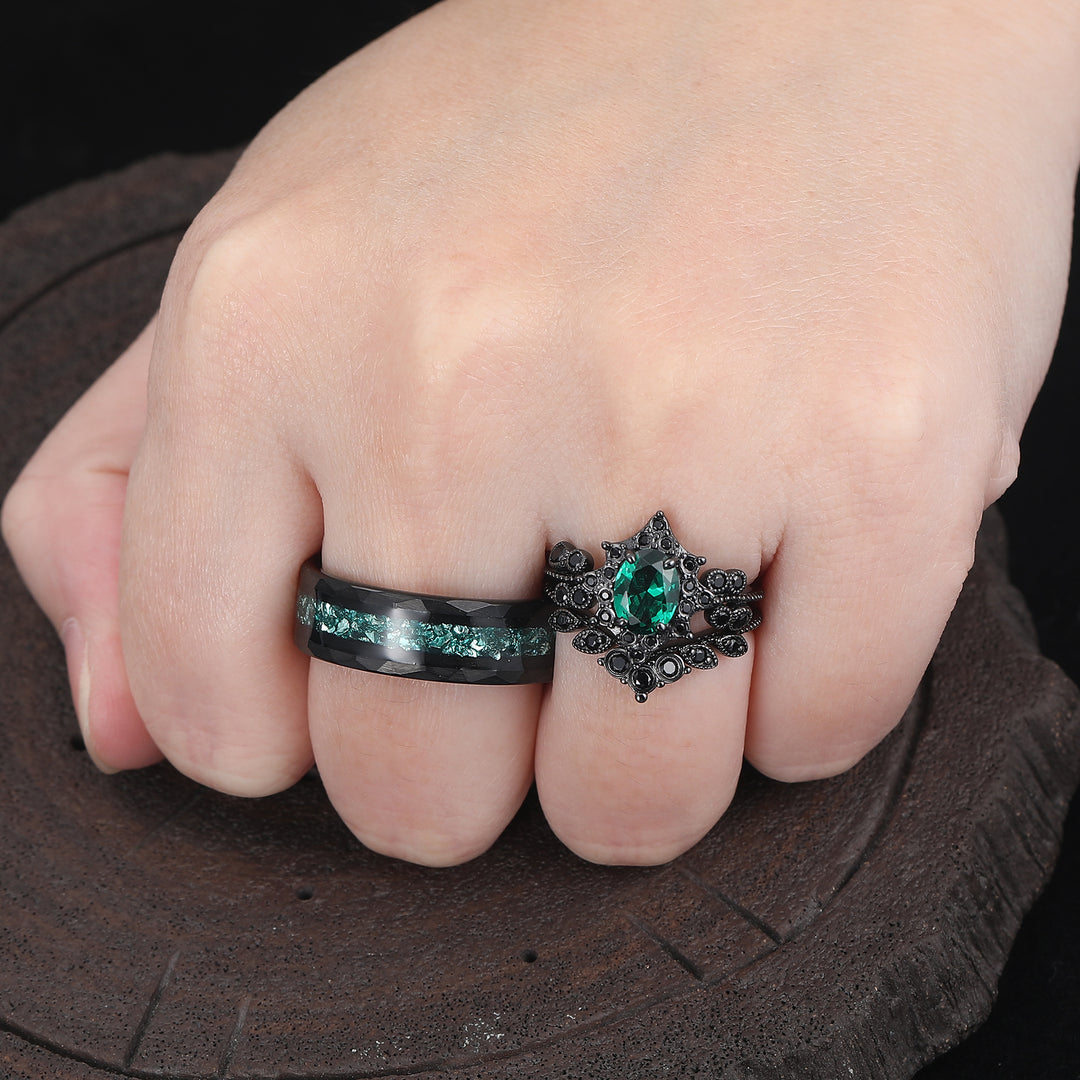 Dark Luxury Gothic Floral Emerald Couple Rings Silver And Tungsten His And Hers Rings -  Esdomera.com