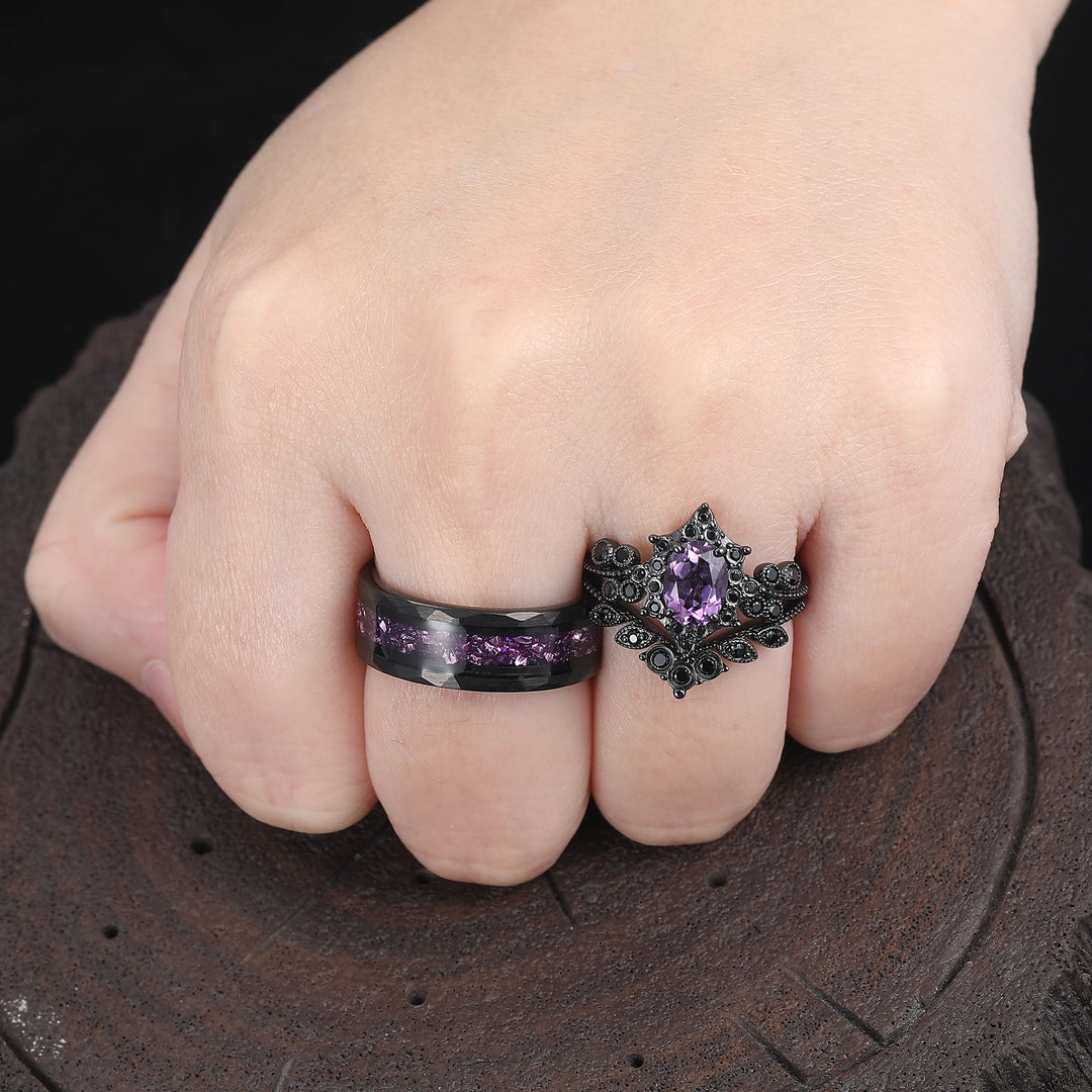 Gothic Vintage Style Natural Amethyst Milgrained His And Hers Rings Black Plated Couple Rings -  Esdomera.com