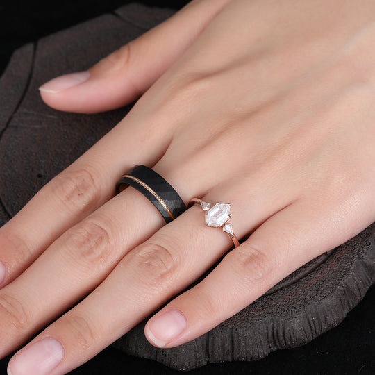 Vintage Long Hexagonal Cut Moissanite Agate Couple Ring Set 925 Silver His and Her Wedding Rings