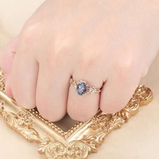 Art Deco Oval Color-Change Alexandrite Engagement Ring Leaf Design Ring For Her -  Esdomera.com