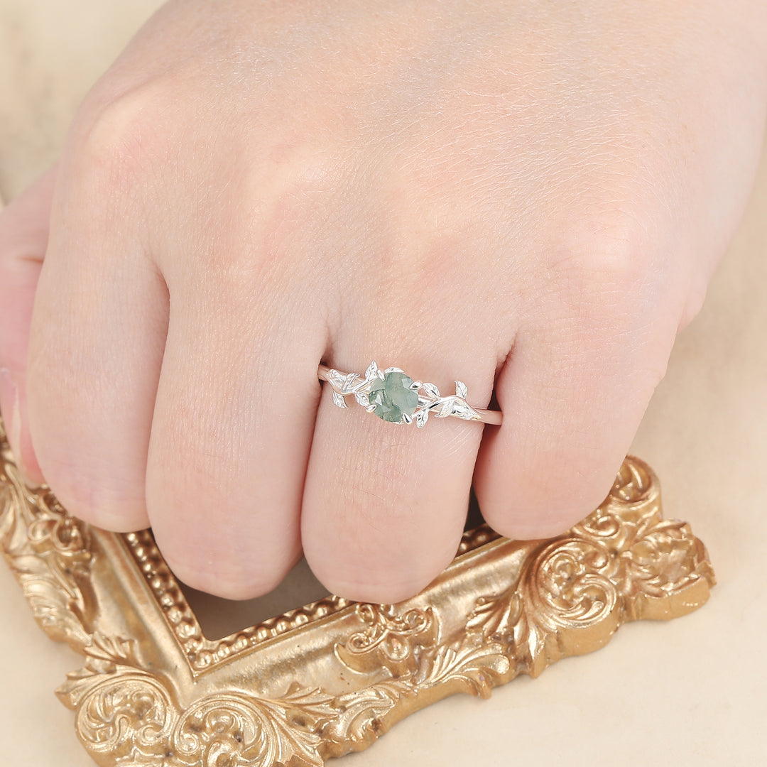 Solitaire Round Shape Moss Agate Engagement Ring Leaf Inspired Wedding Ring For Women -  Esdomera.com