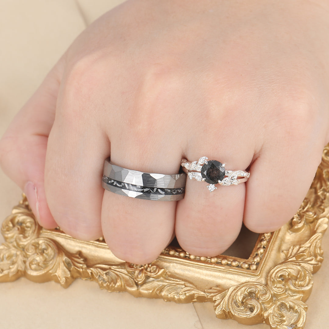 Classic Black Rutilated Quartz Leaf His And Hers Wedding Band Matching Tungsten Promise Engagement Couple Rings -  Esdomera.com