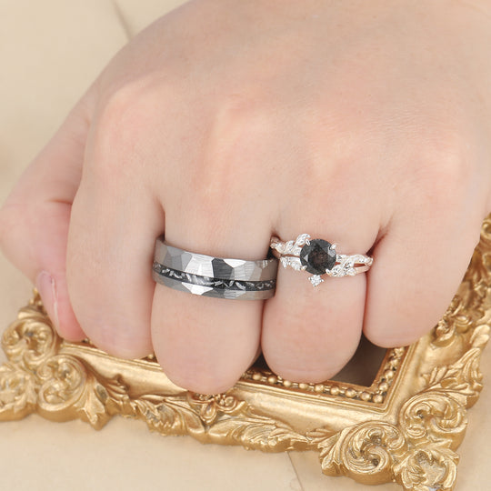 Classic Black Rutilated Quartz Leaf His And Hers Wedding Band Matching Tungsten Promise Engagement Couple Rings -  Esdomera.com
