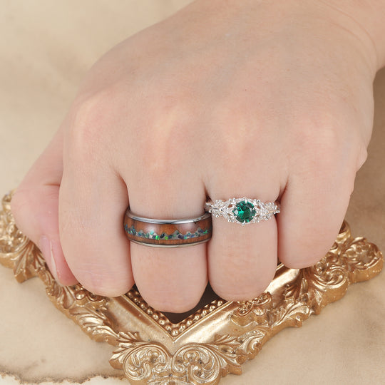 Artsy Branches Emerald Engagement His and Hers Wedding Rings Wood Tungsten Promise Couple Rings Set
