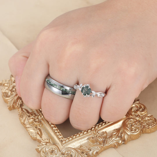 Set di anelli abbinati per coppia con design personalizzato di rami in agata muschio verde, per lui e per lei