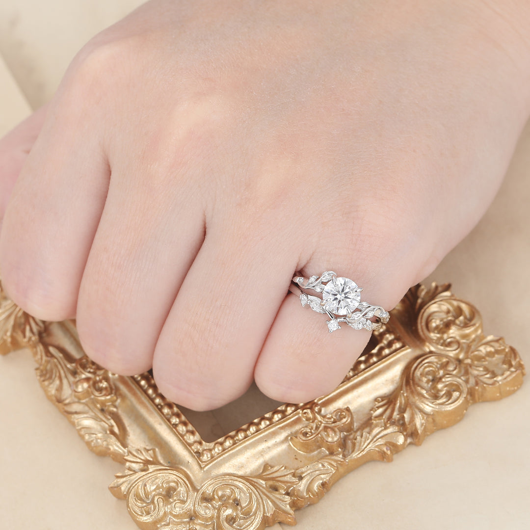 Moissanite Rose Gold  Round Shaped 1.25CT  Leaf Vine Ring  Wedding Ring Set -  Esdomera.com