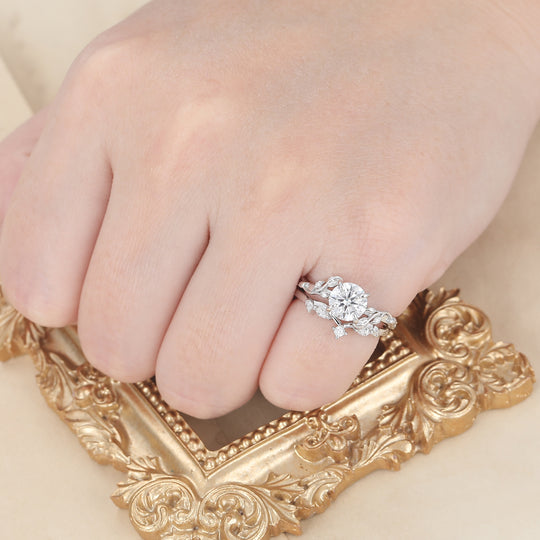 Moissanite Rose Gold  Round Shaped 1.25CT  Leaf Vine Ring  Wedding Ring Set -  Esdomera.com