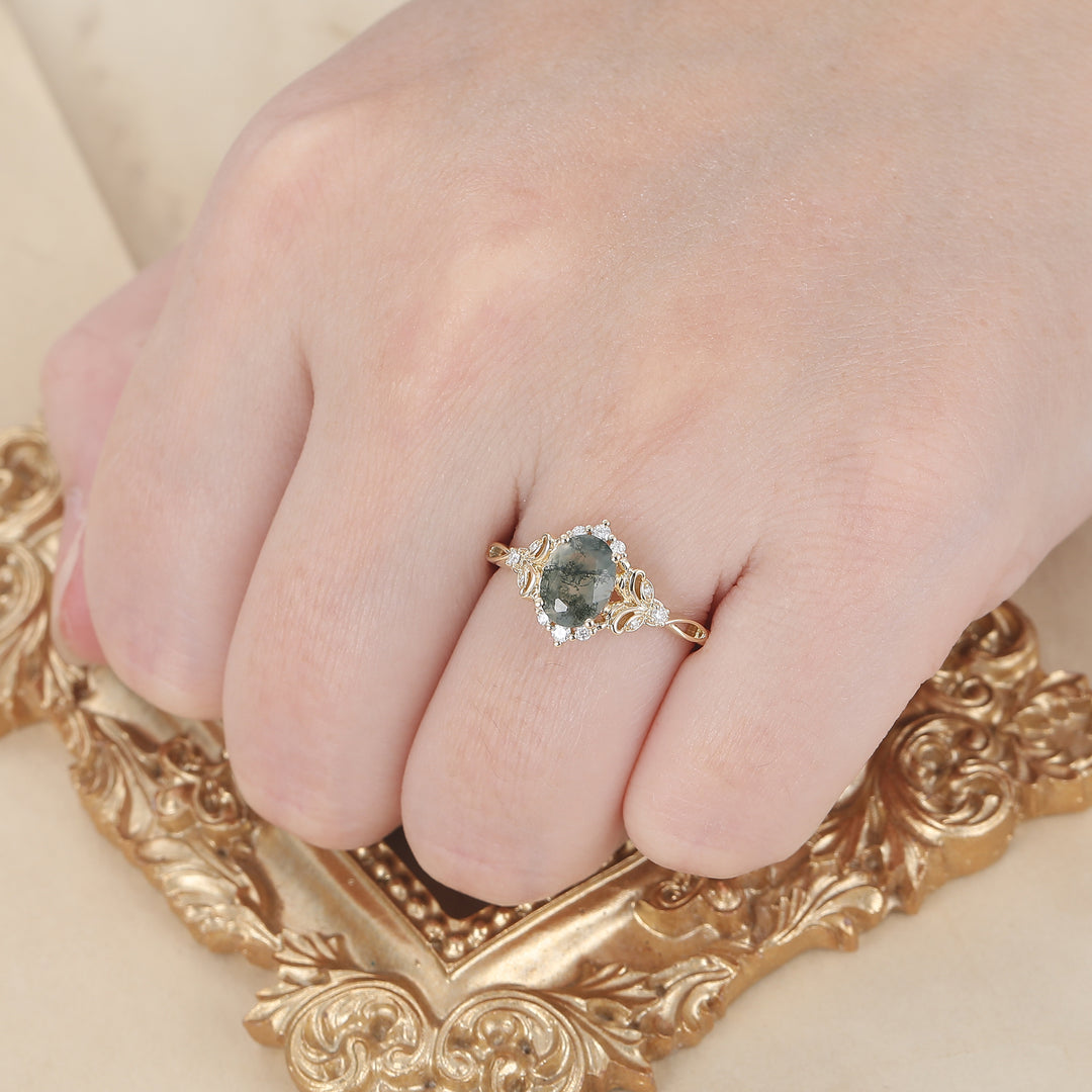 Elegant Oval Cut Moss Agate Wedding Ring 14K Yellow Gold Cluster Leaf Design Bridal Ring -  Esdomera.com