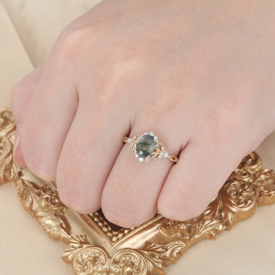 Elegant Oval Cut Moss Agate Wedding Ring 14K Yellow Gold Cluster Leaf Design Bridal Ring -  Esdomera.com