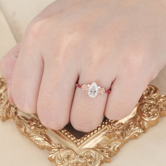 Artsy Pear Cut Moissanite Engagement Ring Deco Ruby Inlay Bridal Ring Women Fine Ring -  Esdomera.com