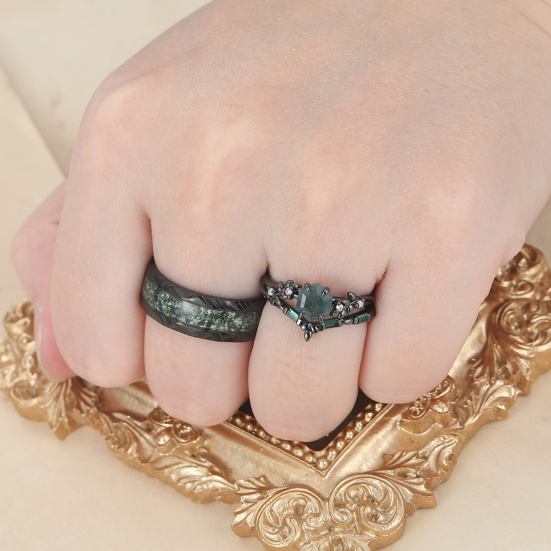 Unique Natural Moss Agate Couple Ring Set Green Leaf Inspired Matching Ring For Men And Women -  Esdomera.com