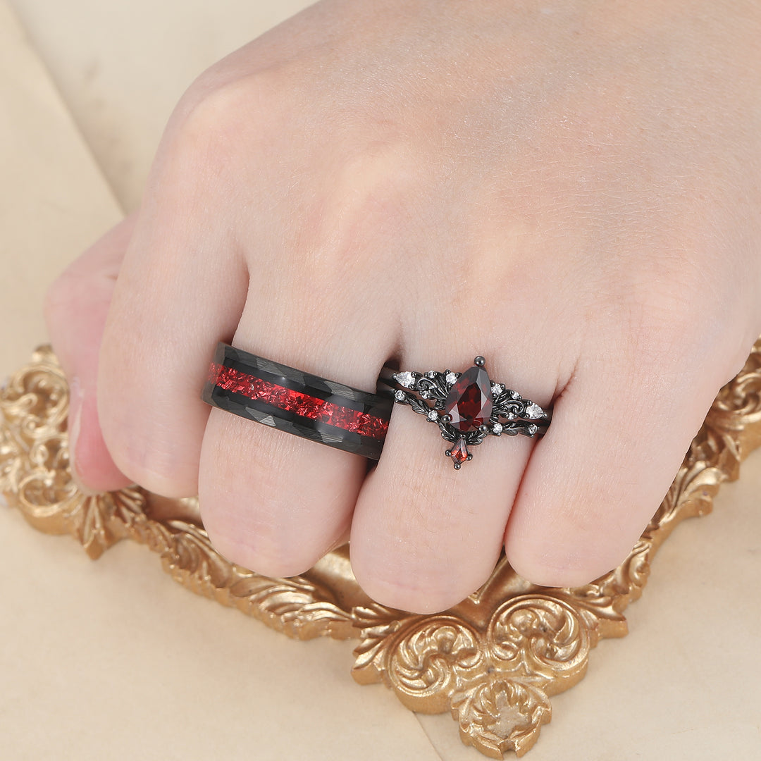 Vintage Red Garnet Leaf Flourish Couple Ring Set Black And Red Stone 3 Piece His and Hers Wedding Ring Sets -  Esdomera.com
