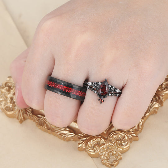 Vintage Red Garnet Leaf Flourish Couple Ring Set Black And Red Stone 3 Piece His and Hers Wedding Ring Sets -  Esdomera.com