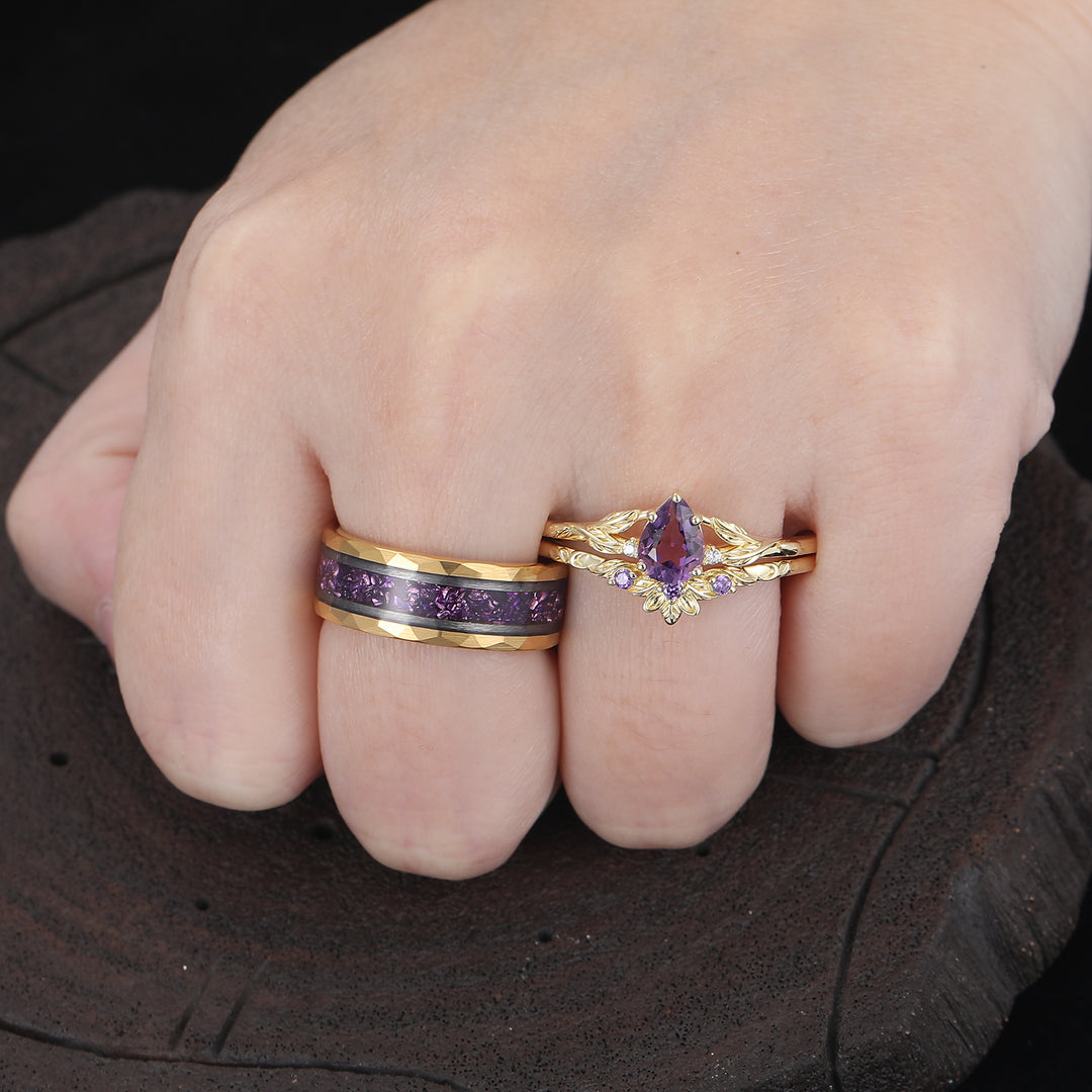 Leaf Inspired Pear Cut Amethyst Couple Rings Gold-plated His And Hers Matching Rings -  Esdomera.com