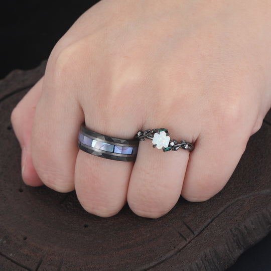 Anillos de compromiso y promesa para parejas con hojas de ópalo blanco y rosa Art Deco, bandas de boda de tungsteno negro para él y para ella