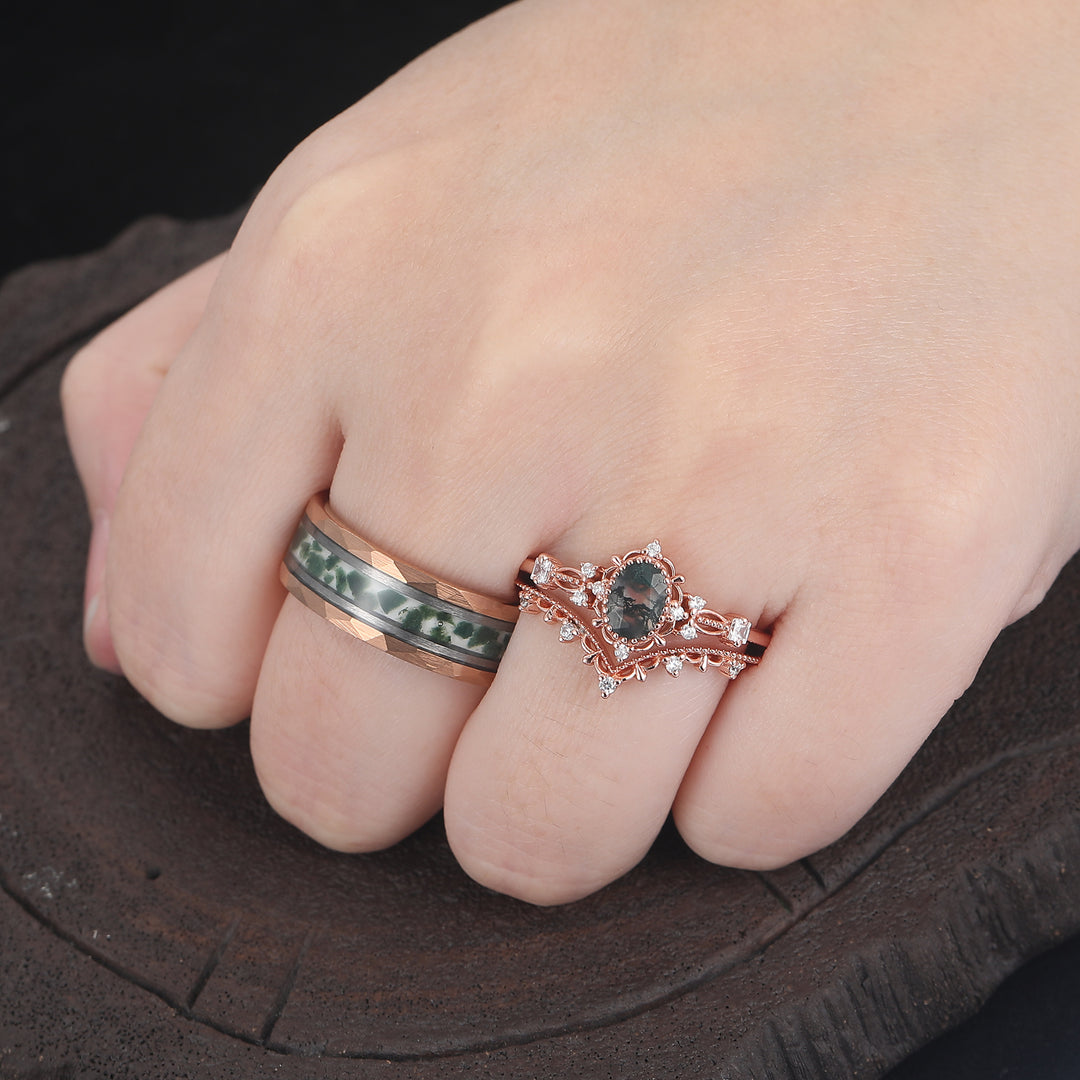 Antique Oval Moss Agate Filigreed Couple Ring Set Rose Gold Plated Milgrained His and Hers Ring