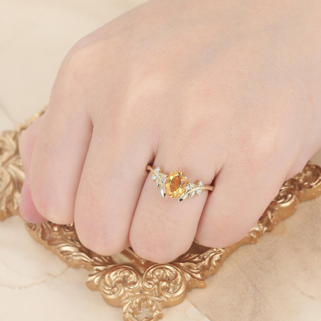 Anillo de compromiso para ella con citrino corte oval estilo enredadera de hojas, anillo sólido de oro 14K