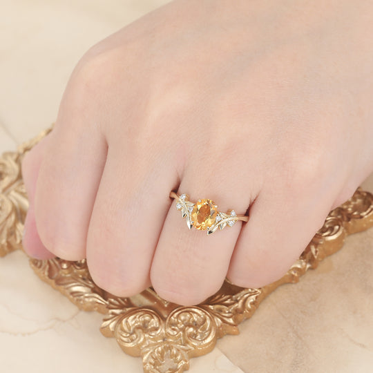 Anillo de compromiso para ella con citrino corte oval estilo enredadera de hojas, anillo sólido de oro 14K