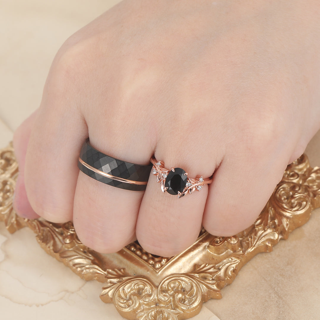 Anelli di Fidanzamento Coppia con Lama in Onice Nero Art Deco Anelli di Promessa Martellati in Tungsteno per Matrimonio Uomo e Donna