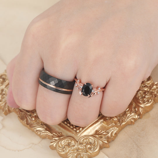 Anelli di Fidanzamento Coppia con Lama in Onice Nero Art Deco Anelli di Promessa Martellati in Tungsteno per Matrimonio Uomo e Donna