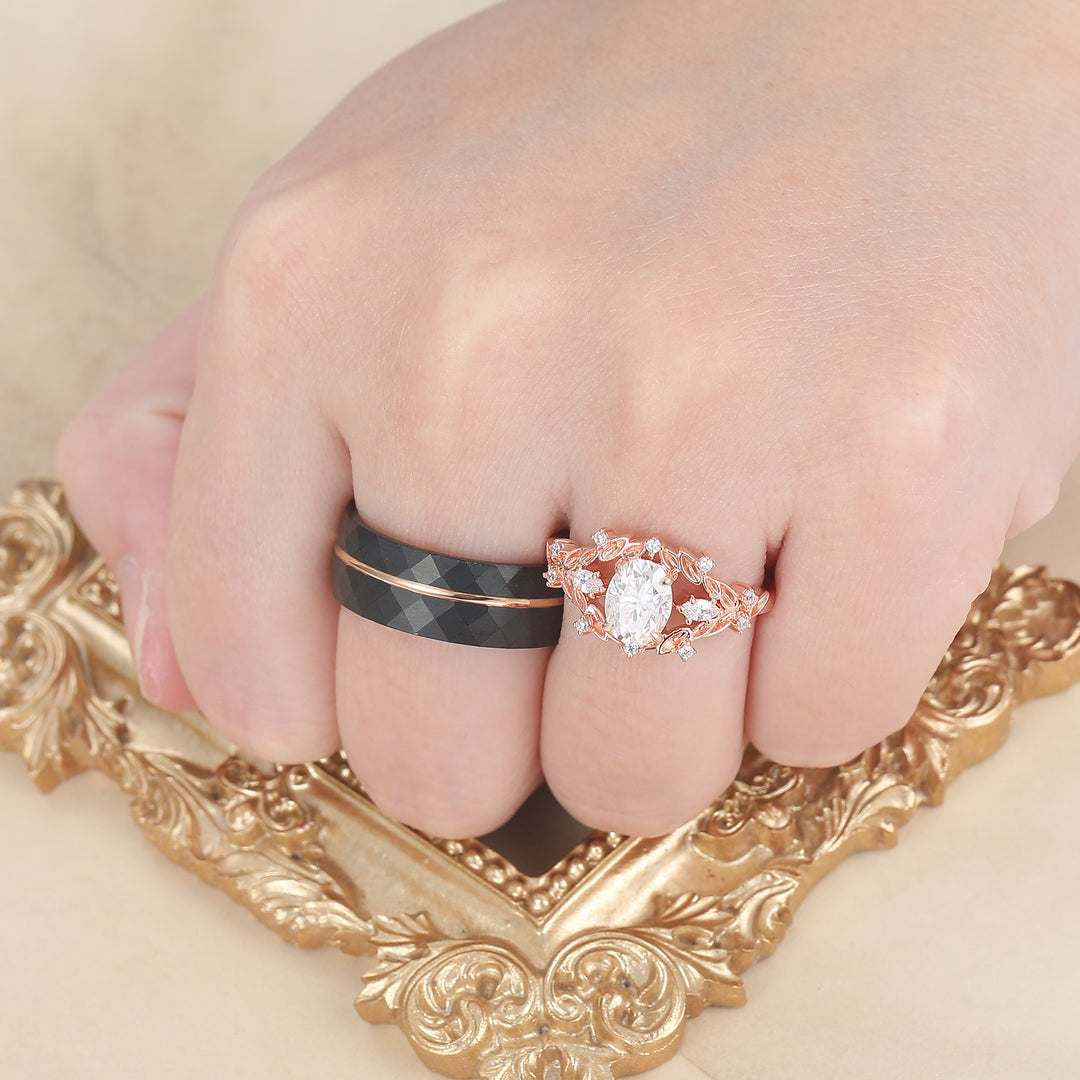 Vintage Leaf Engraved Oval Moissanite Couple Rings Natural Inspired His And Hers Rings -  Esdomera.com