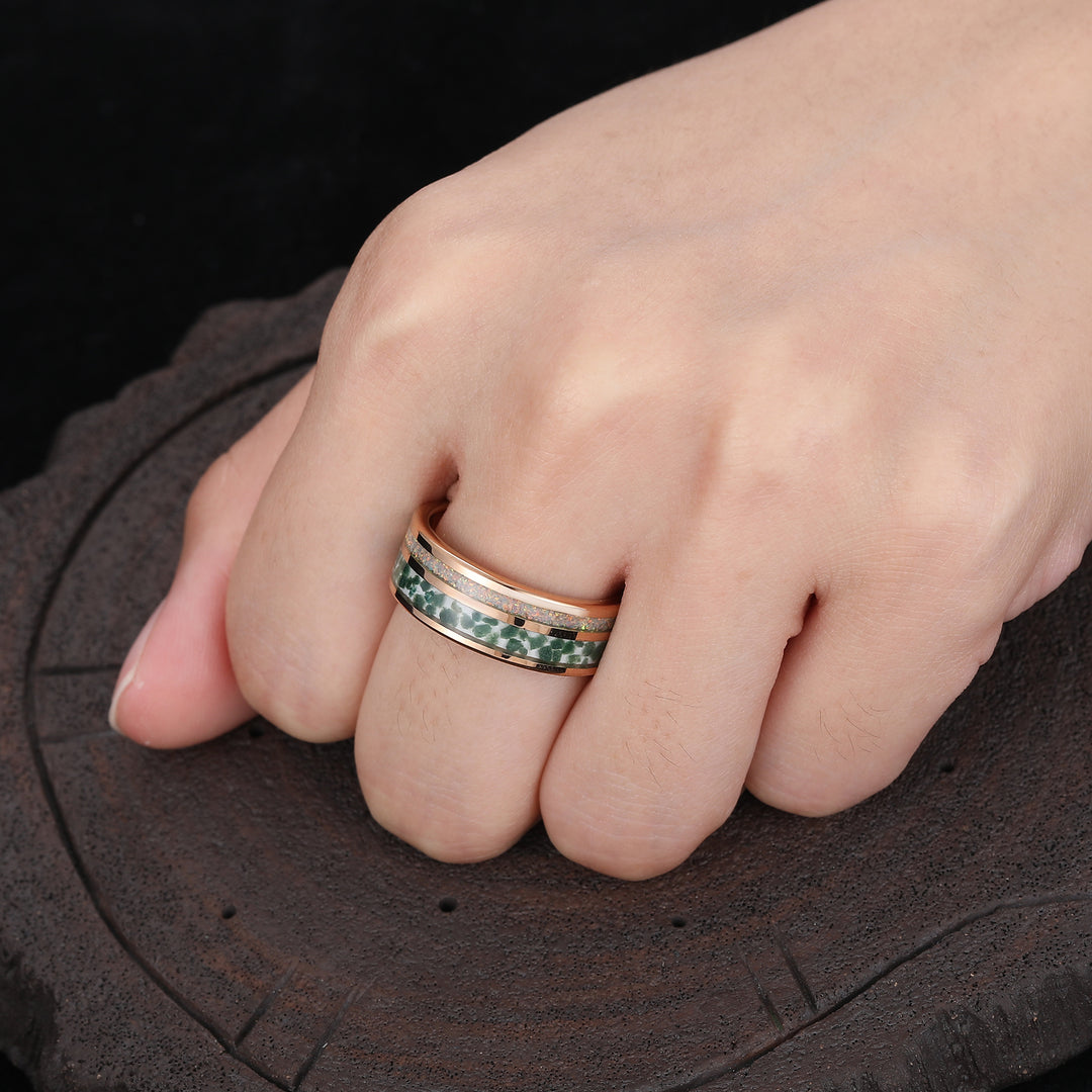 Unisex Moss Agate Man Ring Fire Opal Women's Wedding Band Rose Gold Tungsten Ring