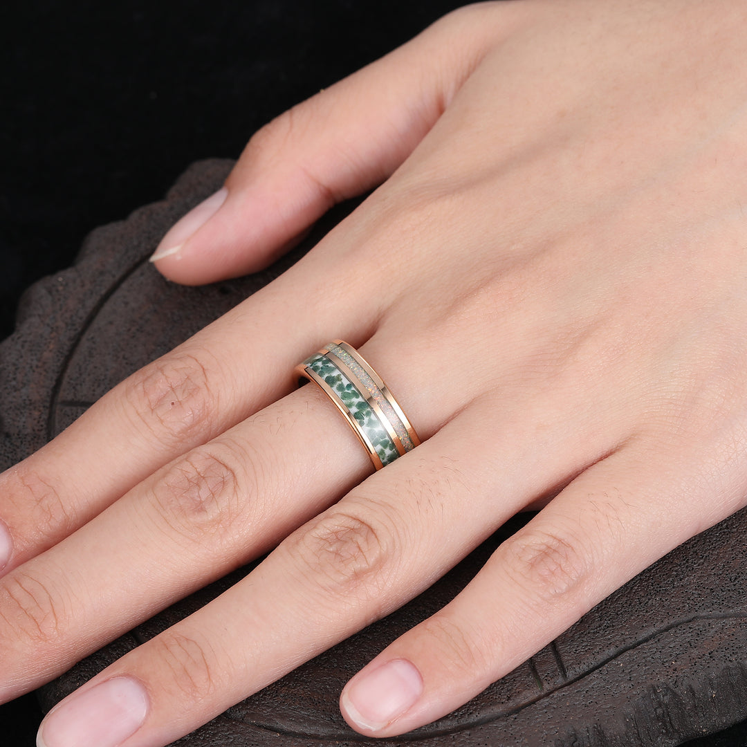 Unisex Moss Agate Man Ring Fire Opal Women's Wedding Band Rose Gold Tungsten Ring
