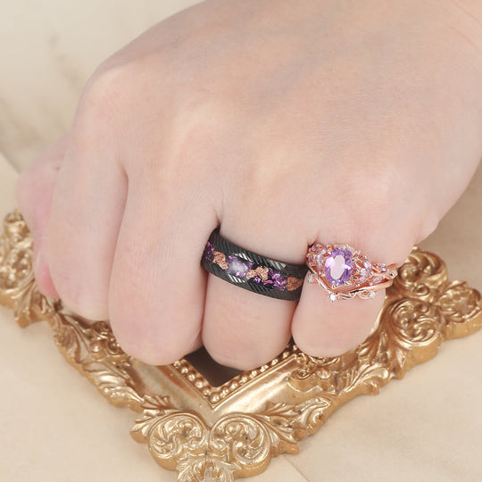 Delicate Leaf Branch Design Amethyst Couple Ring Set S925 And Damascus Steel Matching Rings